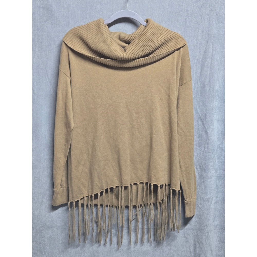 Michael Kors Cowl Neck Fringe Hem Sweater Camel Tan Ribbed Knit Womens Small